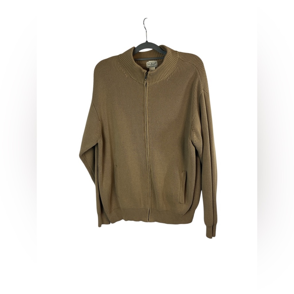 LL Bean men’s cotton knit mock neck tan full zip cardigan size large